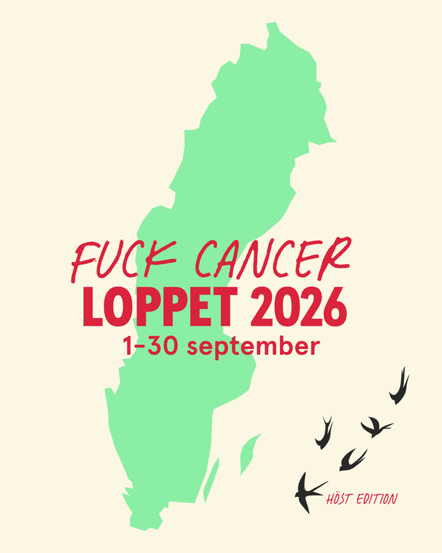 Sveriges karta i grönt över en beige bakgrund med texten Fuck cancer loppet 2026 1-30 september, i högra hörnet syns svalor